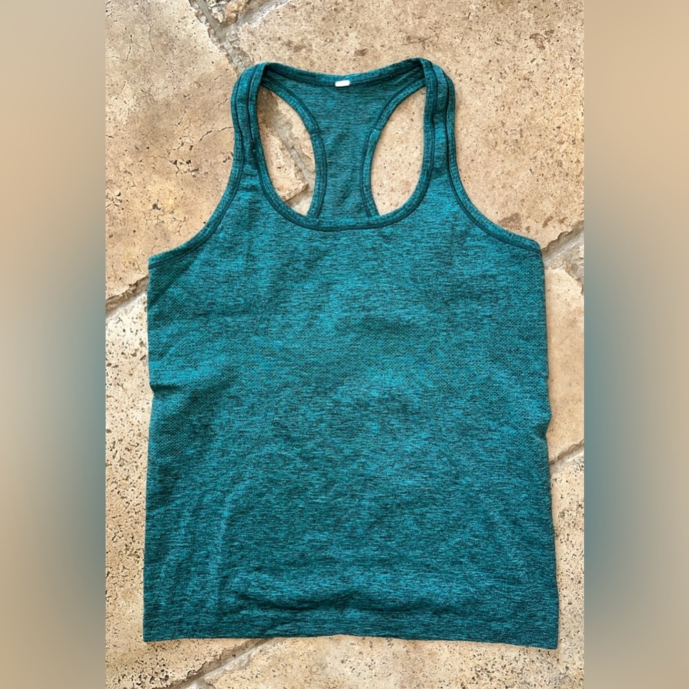 Lululemon Swifty Racerback Tank Top Womens 12 Heather Green Big Logo Gym Workout